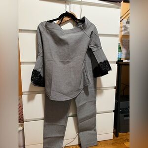 Karen Kane Gray Top and Pants Set with Black Lace